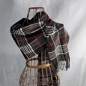 Luxury Cashmere Braided  Fringed Buttery Soft Plaid Scarf Chocolate Brown